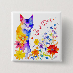 Good Day Watercolor Cat and Flowers 2 Inch Square Button