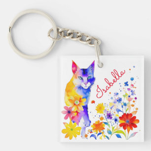 Good Day   Watercolor Cat and Flowers  Keychain