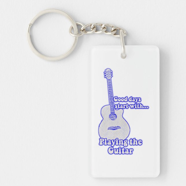 Good days start with playing the guitar. blue keychain (Front)