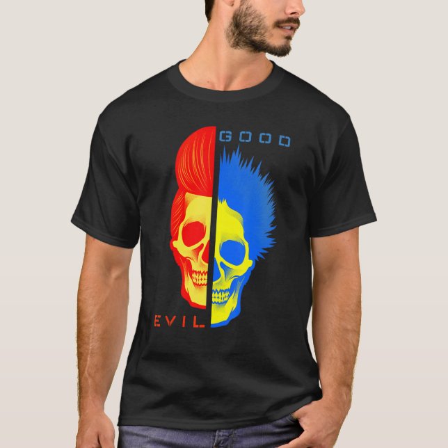 Good Evil Skull Red Blue T-Shirt (Front)