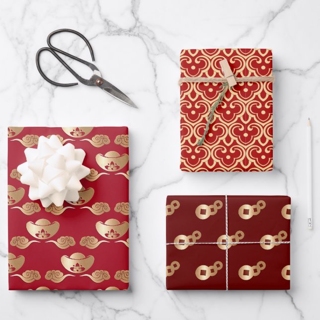 Good Fortune 2023 Chinese New Year Red Gold Wrapping Paper Sheet (Front)