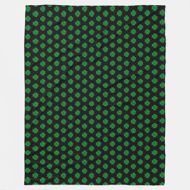 Good Fortune Four-Leaf Clovers on Black Fleece Blanket (Front)