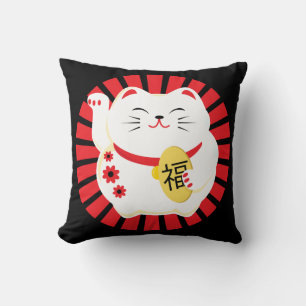 Good Fortune Lucky Cat Throw Pillow