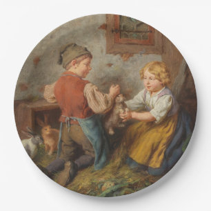 Good Friends (Young Boys Playing With Pet Rabbit) Paper Plate
