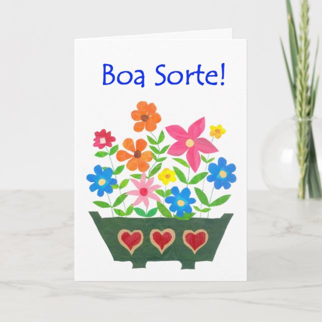 Good Luck Card, Portuguese Greeting - Flower Power Card (Front)