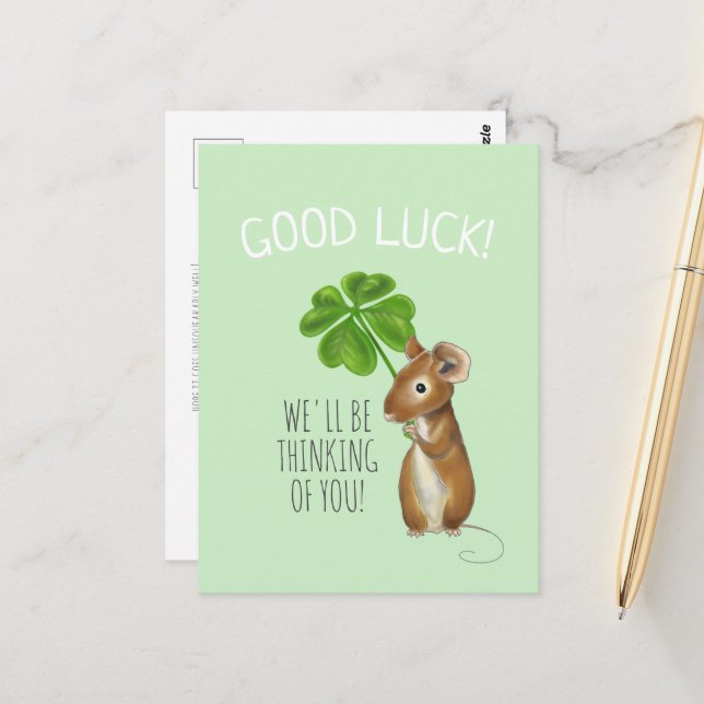 Good Luck Card, Sweet Mouse and Four Leaf Clover C Postcard (Front/Back In Situ)