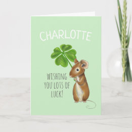 Good Luck Card, Sweet Mouse and Four Leaf Clover Card