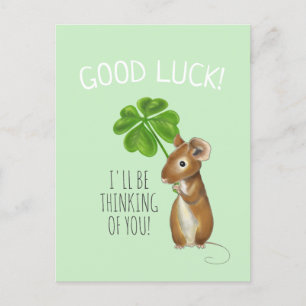 Good Luck Card, Sweet Mouse and Four Leaf Clover Postcard