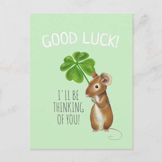 Good Luck Card, Sweet Mouse and Four Leaf Clover Postcard (Front)