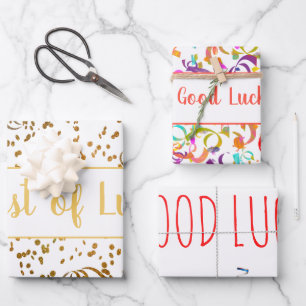Good Luck Colorful Confetti Streamers Gold Custom Wrapping Paper Sheet
