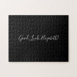 Good Luck Custom Name Script on Solid Black Funny Jigsaw Puzzle<br><div class="desc">Solid black jigsaw puzzle features "Good Luck,  [NAME]" in a white script font in the center. Personalize the funny text in the sidebar. Makes a great custom gift for someone who loves a difficult challenge. 

Copyright ©Claire E. Skinner. All rights reserved.</div>