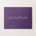 Good Luck Custom Name Script on Solid Purple Funny Jigsaw Puzzle<br><div class="desc">Solid purple jigsaw puzzle features "Good Luck,  [NAME]" in a white script font in the centre. Personalize the funny text in the sidebar. Makes a great custom gift for someone who loves a difficult challenge. 

Copyright ©Claire E. Skinner. All rights reserved.</div>