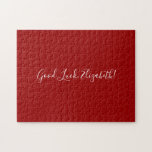 Good Luck Custom Name Script on Solid Red Funny Jigsaw Puzzle<br><div class="desc">Solid red jigsaw puzzle features "Good Luck,  [NAME]" in a white script font in the centre. Personalize the funny text in the sidebar. Makes a great custom gift for someone who loves a difficult challenge. 

Copyright ©Claire E. Skinner. All rights reserved.</div>