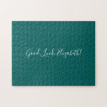 Good Luck Custom Name Script on Solid Teal Funny Jigsaw Puzzle<br><div class="desc">Solid teal jigsaw puzzle features "Good Luck,  [NAME]" in a white script font in the centre. Personalize the funny text in the sidebar. Makes a great custom gift for someone who loves a difficult challenge. 

Copyright ©Claire E. Skinner. All rights reserved.</div>