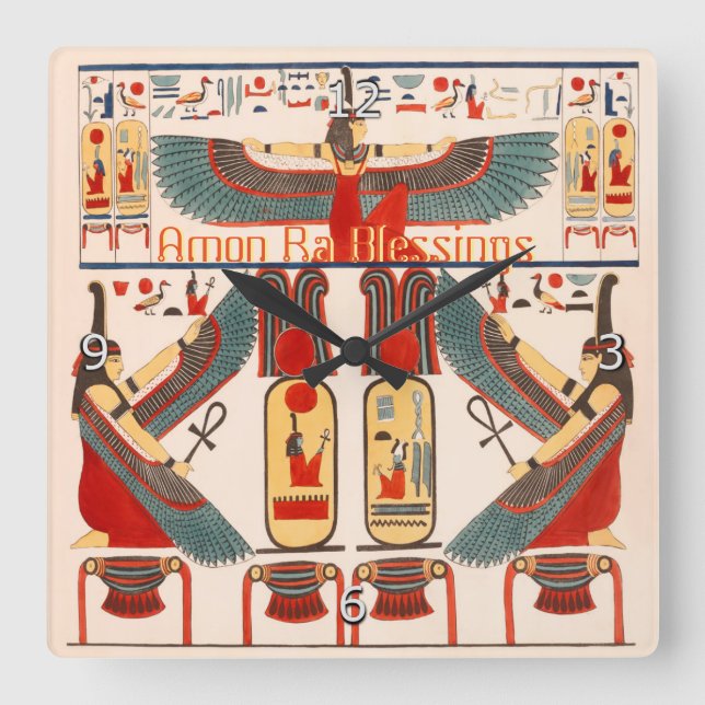 Good Luck Hieroglyphics, Egyptian God Amon Ra Square Wall Clock (Front)