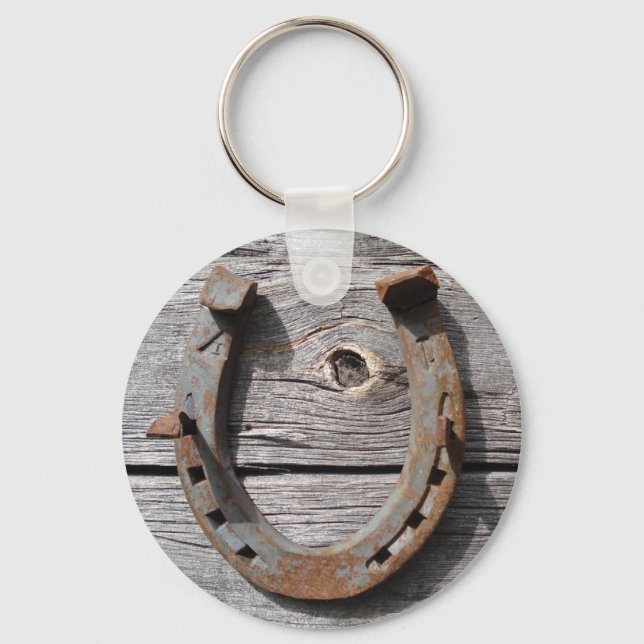 Good Luck Horseshoe on Wooden Fence Keyring (Front)