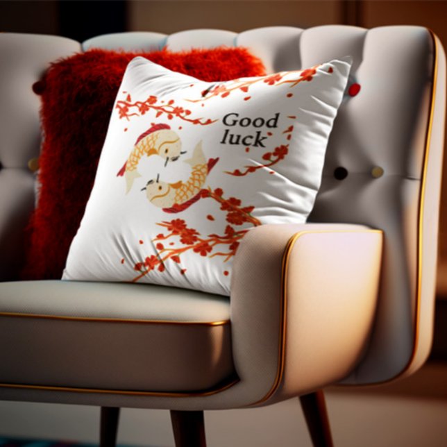 Good Luck Koi Fish with Sakura | Elegant Japanese  Throw Pillow (Creator Uploaded)