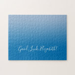 Good Luck Name Script on Blue Gradient Funny Jigsaw Puzzle<br><div class="desc">Light to dark blue gradient jigsaw puzzle features "Good Luck,  [NAME]" in a white script font near the bottom. Personalize the funny text in the sidebar. Makes a great custom gift for someone who loves a challenge. 

Copyright ©Claire E. Skinner. All rights reserved.</div>