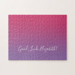 Good Luck Name Script Pink to Purple Ombré Funny Jigsaw Puzzle<br><div class="desc">Stylish raspberry pink to light purple gradient jigsaw puzzle features "Good Luck, [NAME]" in a white script font near the bottom. Personalize the funny text in the sidebar. Makes a great custom gift for someone who loves a challenge. To see the minimal ombré design on other items, click the "Rocklawn...</div>