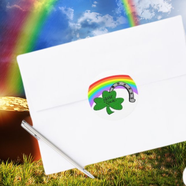 Good Luck Shamrock, Rainbow and Horseshoe Classic Round Sticker (Good Luck Shamrock, Rainbow and Horseshoe Classic Round Sticker)