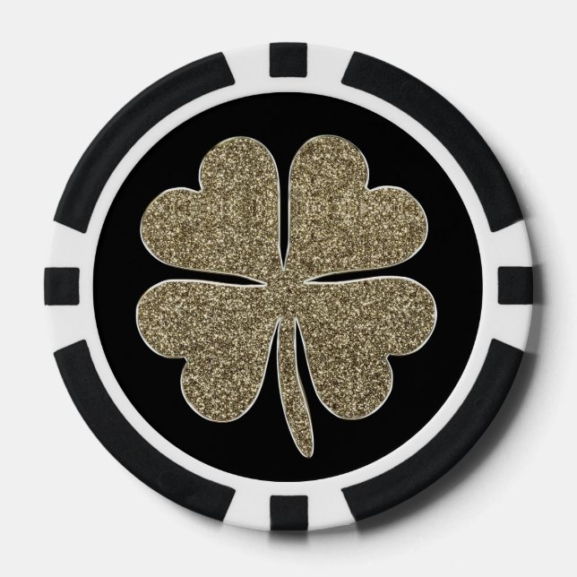 Good Luck Symbol Four Leaf Clover Black and Gold Poker Chips (Front)