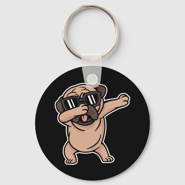 Good Mood Pug with Sunglasses Dabbing Keychain (Front)