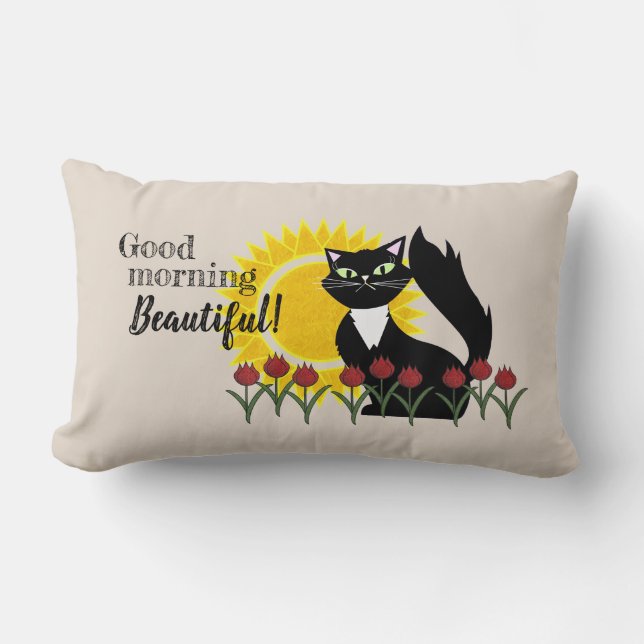 Good Morning Beautiful! Cat with Sun and Tulips Lumbar Pillow (Front)