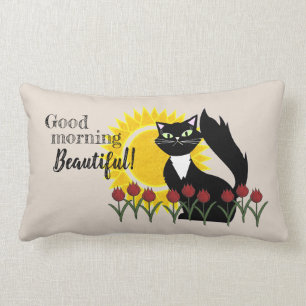 Good Morning Beautiful! Cat with Sun and Tulips Lumbar Pillow