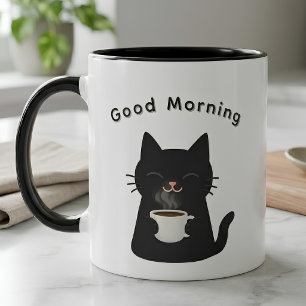 "Good Morning" Black Cat Coffee Lover Two-Tone Mug