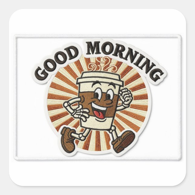 "Good Morning" Coffee Cup Mascot Embroidered Patch Square Sticker (Front)