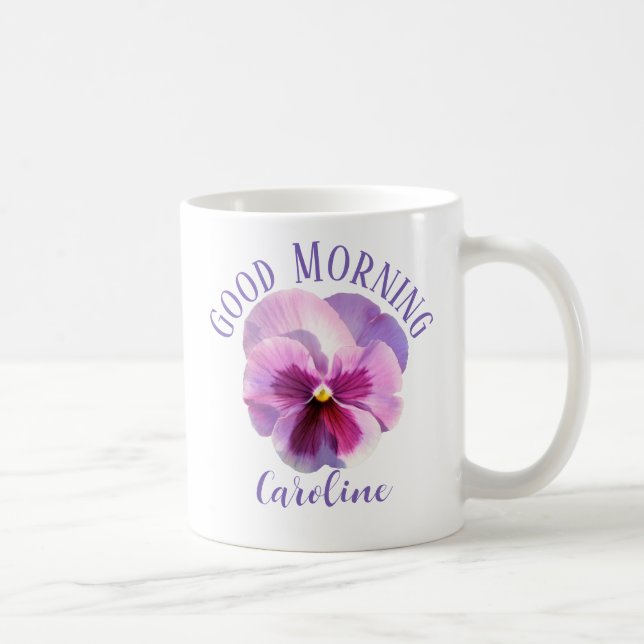 Good Morning Custom Name Pansy Coffee Mug (Right)