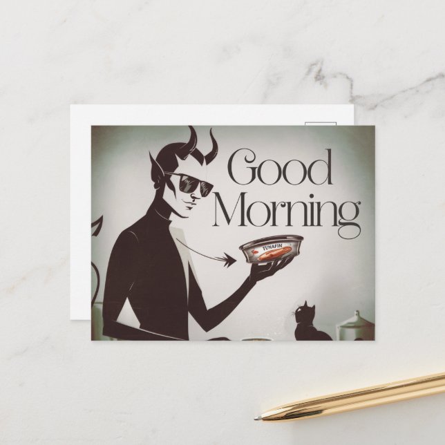 Good Morning Devil Feeding Cat TunaFin Postcard (Front/Back In Situ)