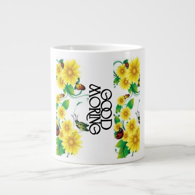 Good Morning Floral Greeting Large Coffee Mug (Front)