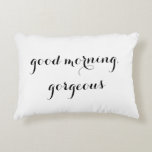 "Good Morning, Gorgeous" Decorative Pillow<br><div class="desc">This "Good Morning, Gorgeous" decorative pillow is great on its own or paired with The Happy Nest's "Hello, Handsome" pillow. Shown in white with black lettering, it is customizable to match your décor. Buy it for yourself or your special someone.</div>