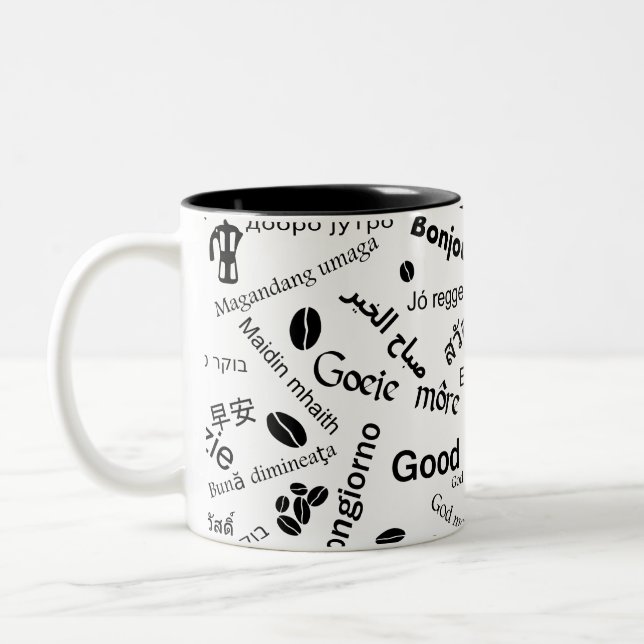 Good Morning in all languages of the Word Two-Tone Coffee Mug (Left)