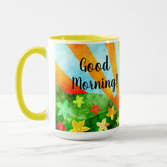 Good Morning Sunshine and Flowers Cheerful Mug (Left)