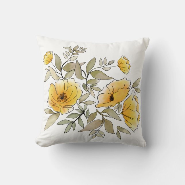 Good morning, Sunshine! Watercolor Yellow Poppies Throw Pillow (Front)