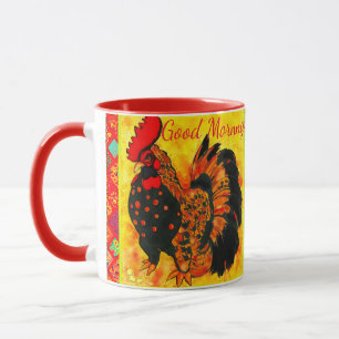  Good Morning Text Rooster Red Orange Drawing  Mug