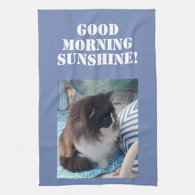 Good Morning Tuxedo Cat cats Photo Kitchen Towel (Vertical)