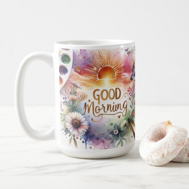 good morning water colour  coffee mug (With Donut)