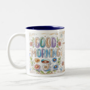 Good Morning Watercolor Doodle Two-Tone Coffee Mug