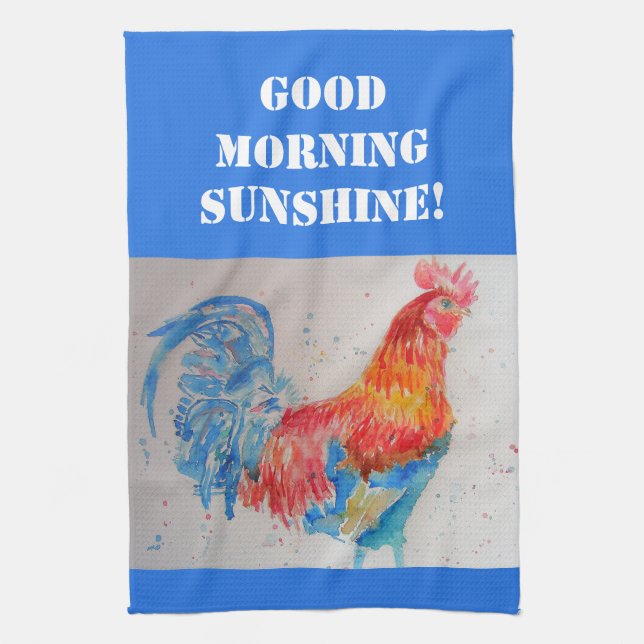 Good Morning Watercolor Red Rooster Kitchen Towel (Vertical)