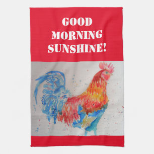 Good Morning Watercolor Red Rooster Kitchen Towel