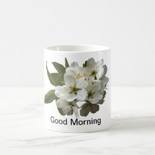 ''GOOD MORNING'' WITH BEAUTIFUL WHITE  FLOWER. COFFEE MUG