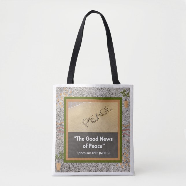 Good News of Peace - White Tote Bag w Black Handle (Front)