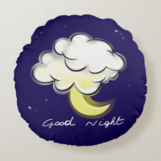 Good Night – Cute Moon and Cloud Kids  Round Pillow (Front)