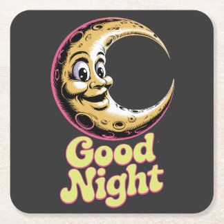 Good Night Retro Moon  Square Paper Coaster
