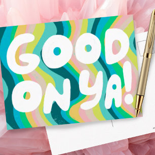 GOOD ON YA Bubble Letters Pink Green Stripes Postcard