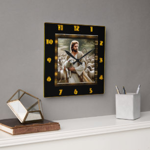 Good Shepherd John 10:7 Peaceful Shepherd Scene Square Wall Clock