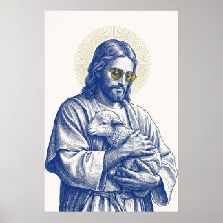 Good Shepherd with Lamb in Gold Sunglasses Art Poster